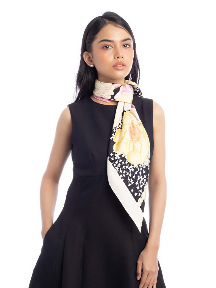 Floral 90 Silk Scarf Black Multicolor