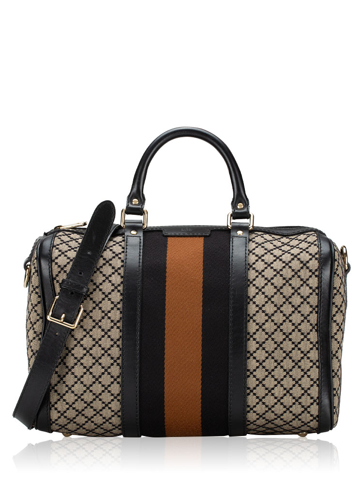 Diamante Vintage Web Medium Boston Bag with Strap Black