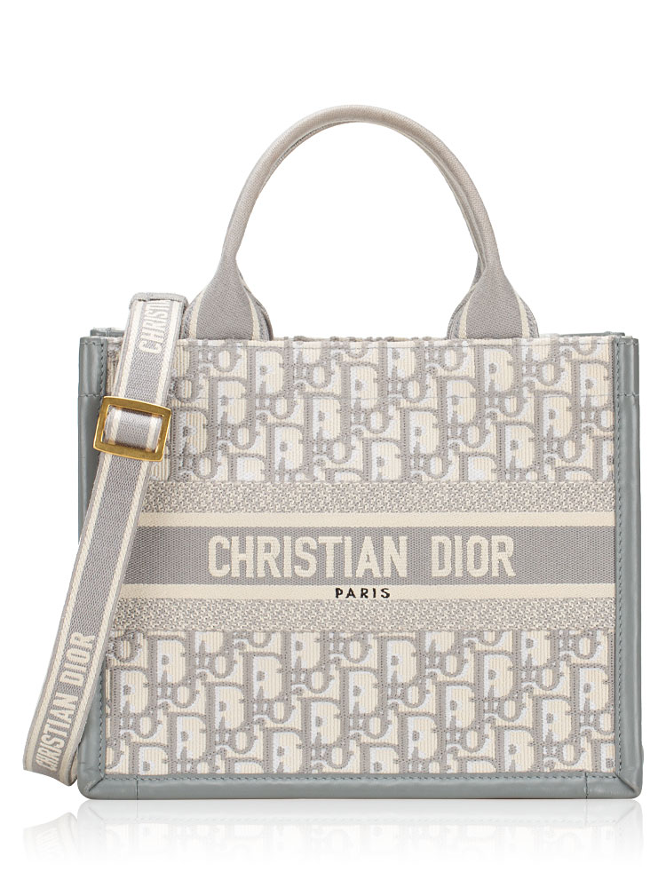 Oblique Chambray Calfskin Small Book Tote With Strap Gris