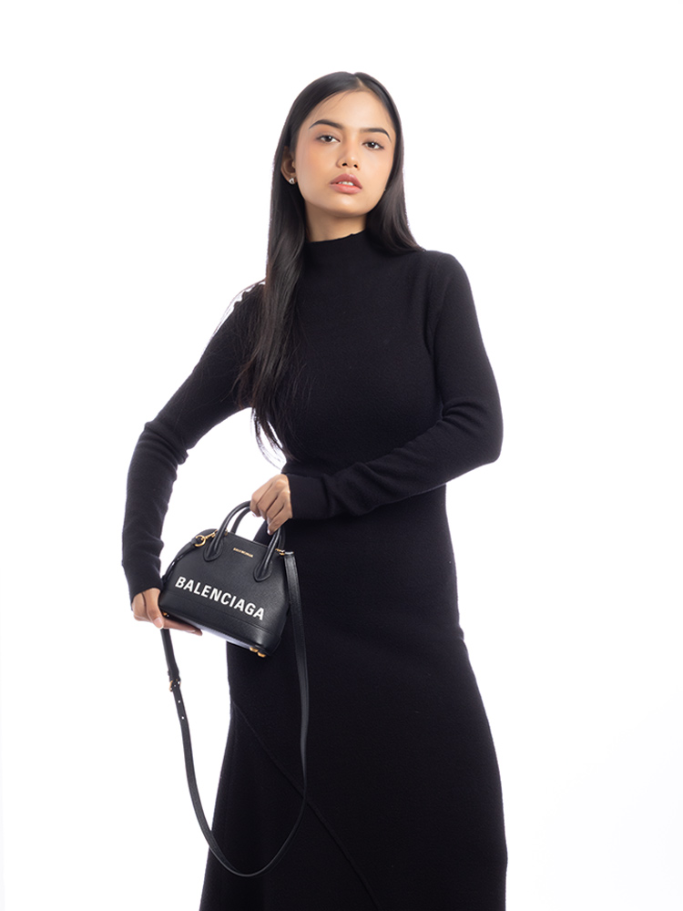 Signature Grained Calfskin XXS Ville Top Handle Bag Black White