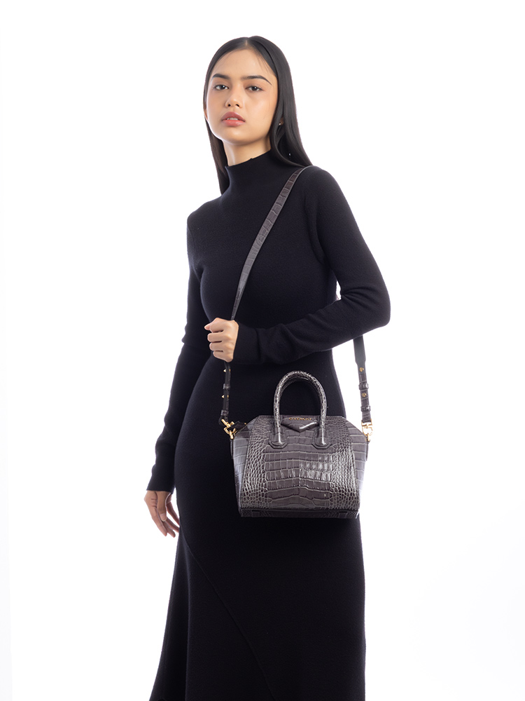 Calfskin Croco Embossed Mini Antigona Storm Grey