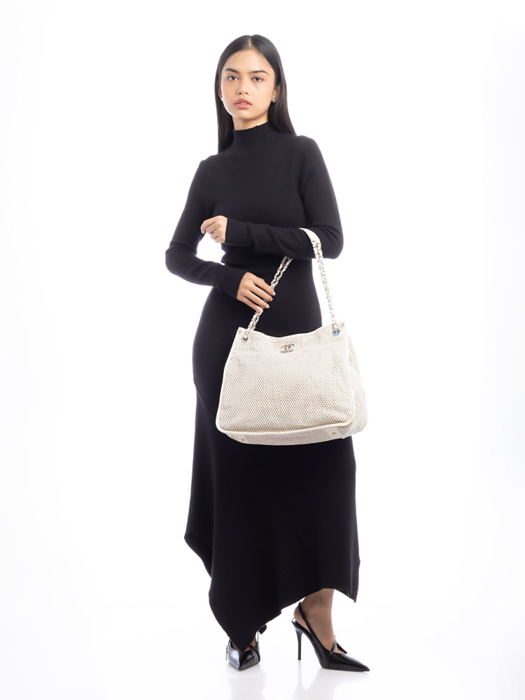 Calfskin Perforated Up In The Air Tote White