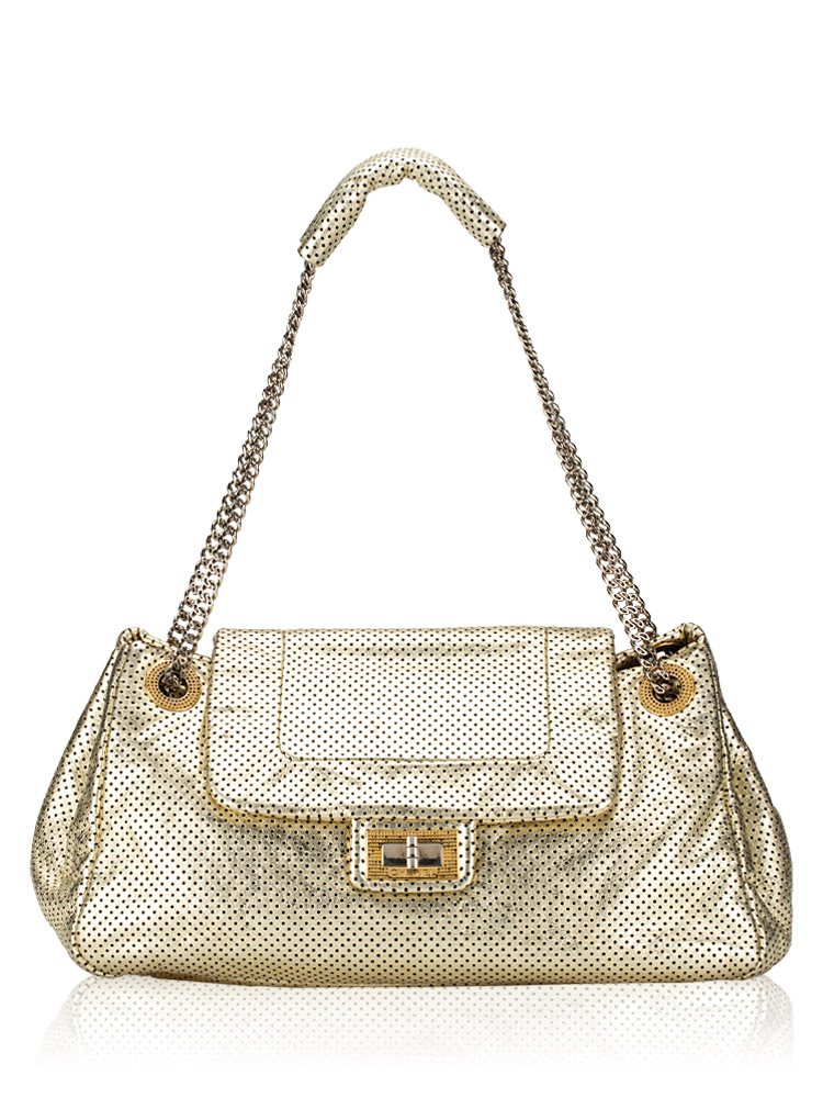 Metallic Perforated Calfskin Large Drill Flap Bag Gold