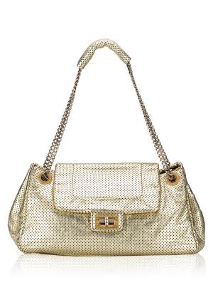 Metallic Perforated Calfskin Large Drill Flap Bag Gold