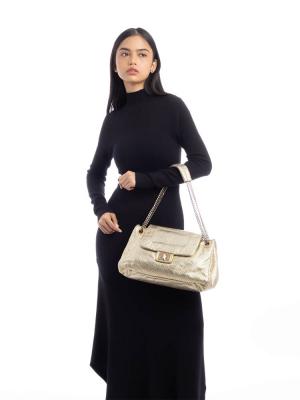 Metallic Perforated Calfskin Large Drill Flap Bag Gold