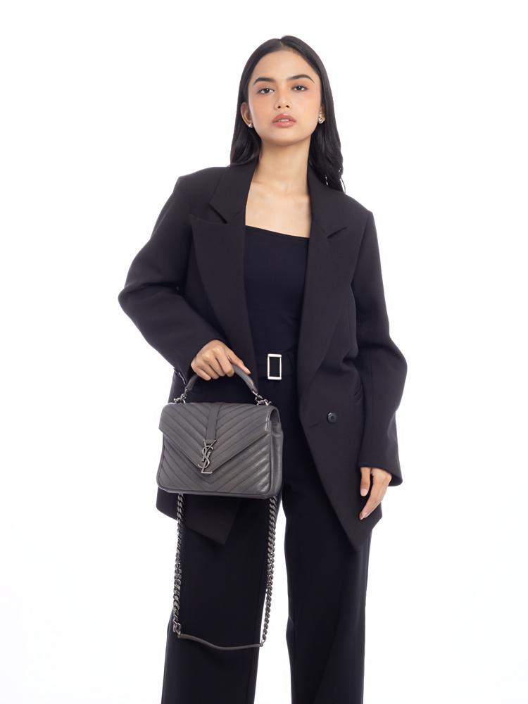 Sheepskin Matelasse Chevron Monogram Medium College Bag Asphalt