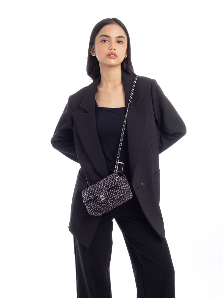 Tweed Mini Rectangular Classic Flap Bag Black Pink