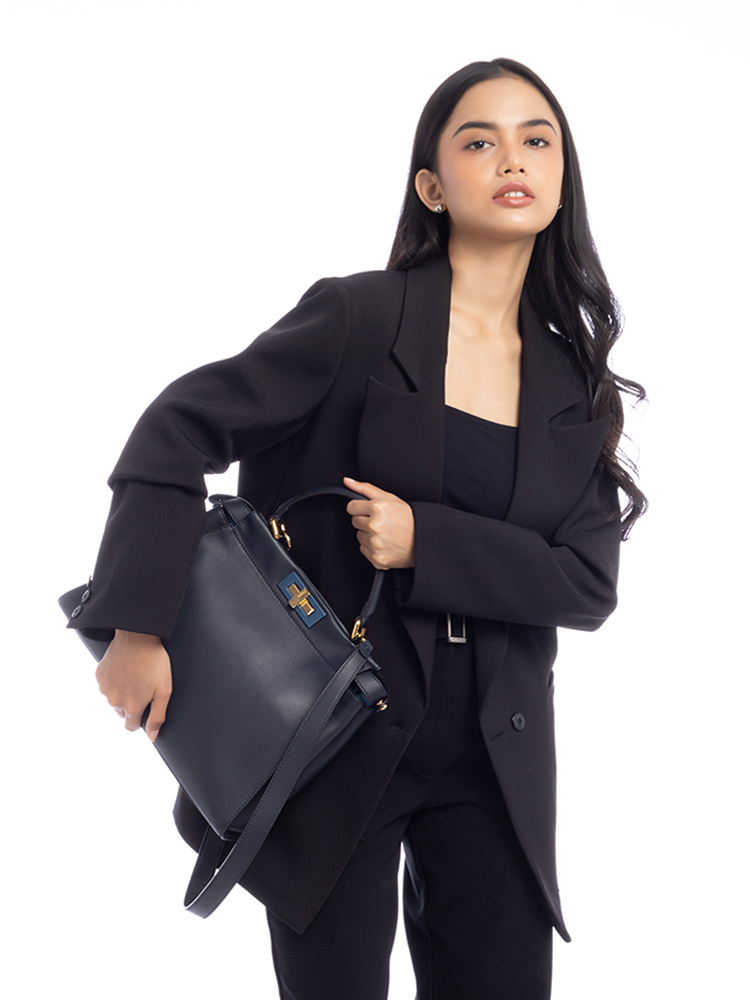 Vitello Seta Shiny Nappa Peekaboo Iconic Medium Satchel Night Blue Turquoise