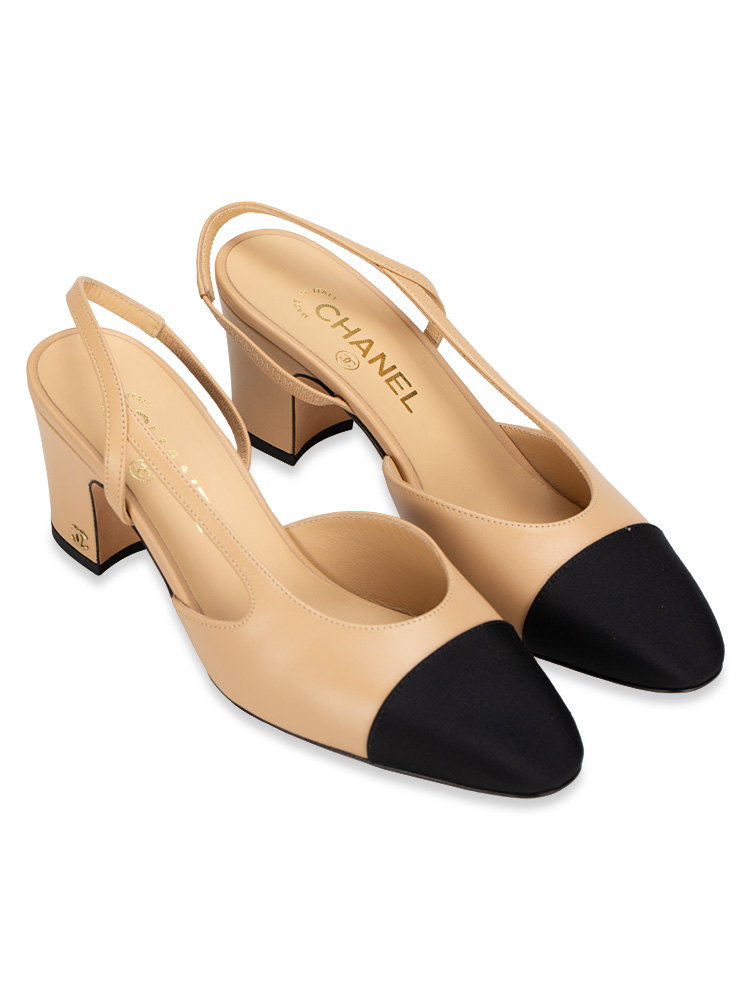 Grosgrain Cap Toe CC Slingback Pumps Beige Black Sz 39