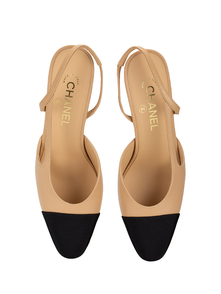 Grosgrain Cap Toe CC Slingback Pumps Beige Black Sz 39