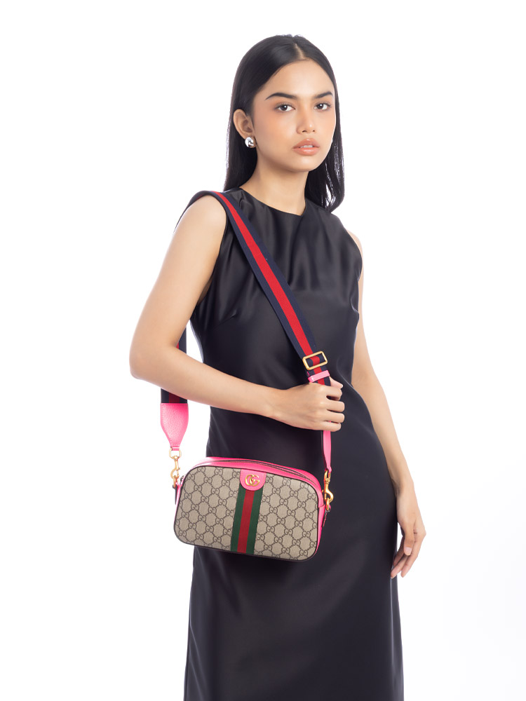 GG Supreme Web Ophidia Small Crossbody Beige Ebony Fuchsia