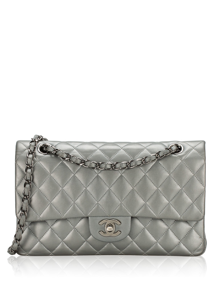 Metallic Lambskin Medium Classic Double Flap Bag Grey