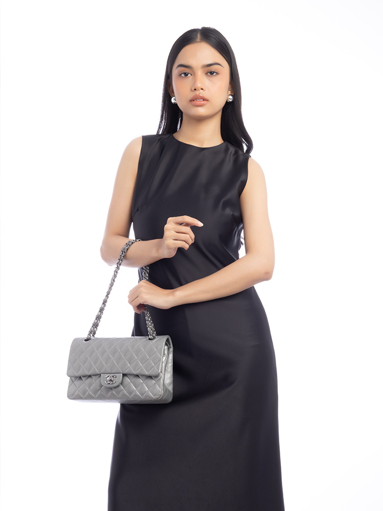 Metallic Lambskin Medium Classic Double Flap Bag Grey