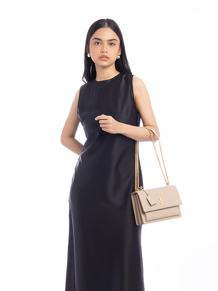 Croco Embossed Monogram Sunset Medium Shoulder Bag Dark Beige