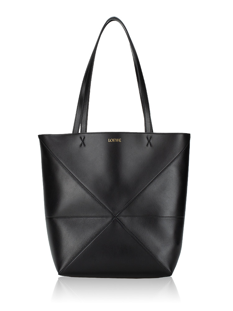 Shiny Calfskin Puzzle Fold Medium Tote Black