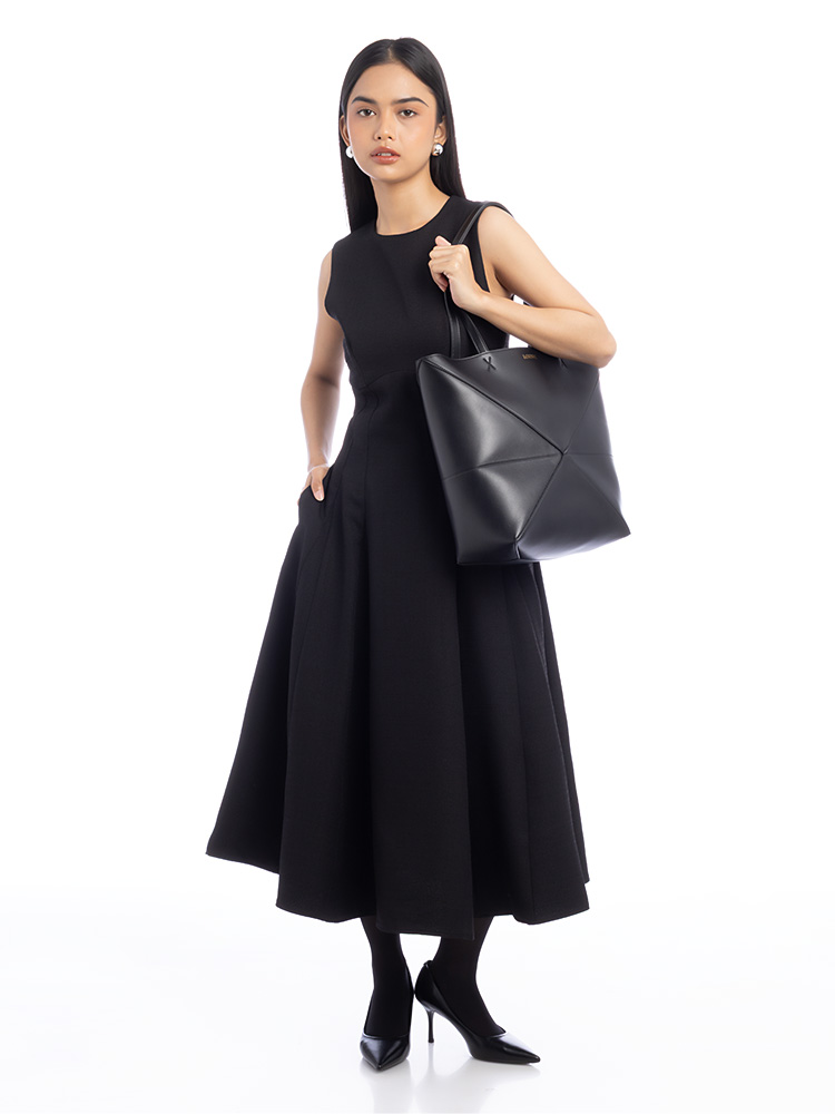 Shiny Calfskin Puzzle Fold Medium Tote Black