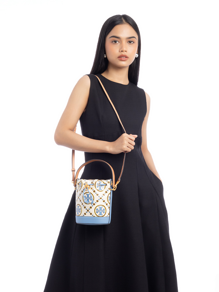 T Monogram Embossed Mini Bucket Bag New Ivory Dauphin Blue