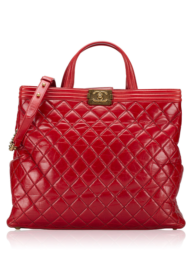 Glazed Calfskin Large Boy Tote Red