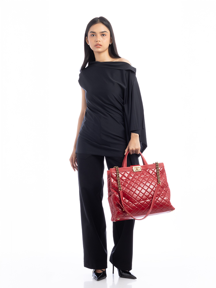 Glazed Calfskin Large Boy Tote Red