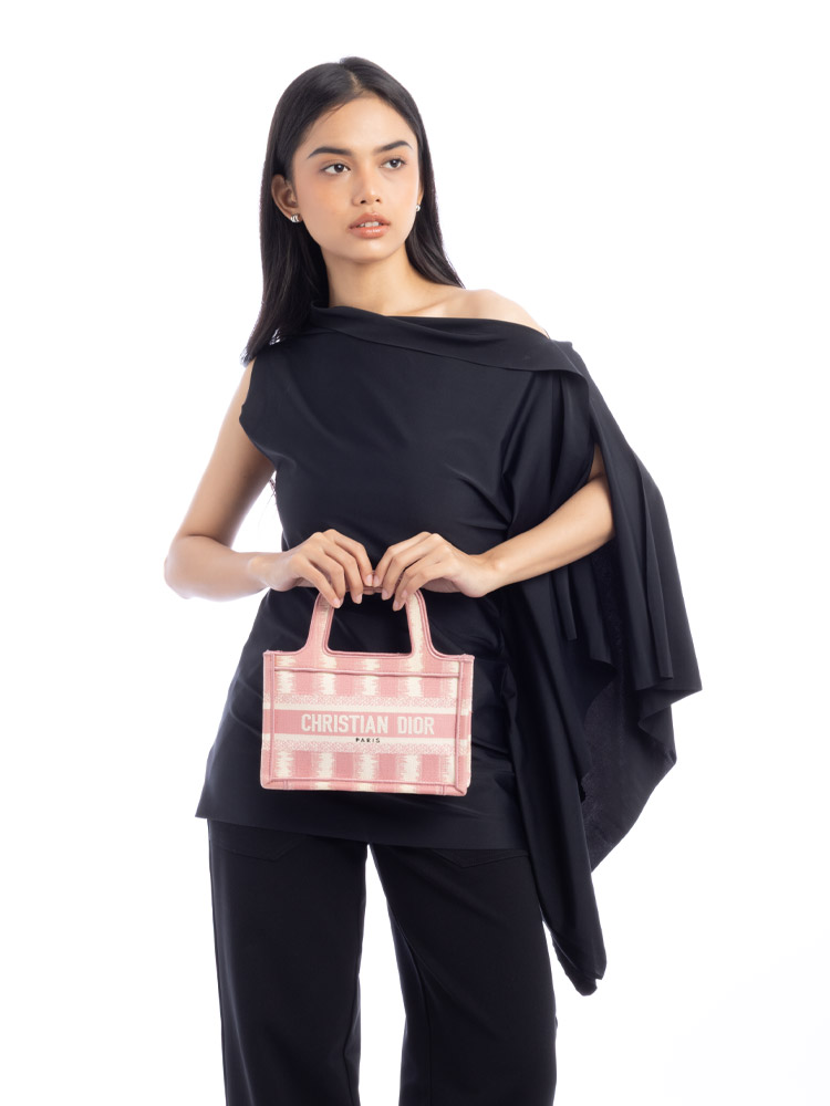 Toile Embroidered Stripe Mini Book Tote Pink