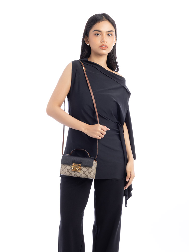 GG Supreme Padlock Mini Top Handle Shoulder Bag Beige Ebony Black