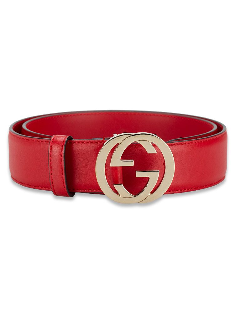 Calfskin Interlocking G Belt Hibiscus Red Sz 80