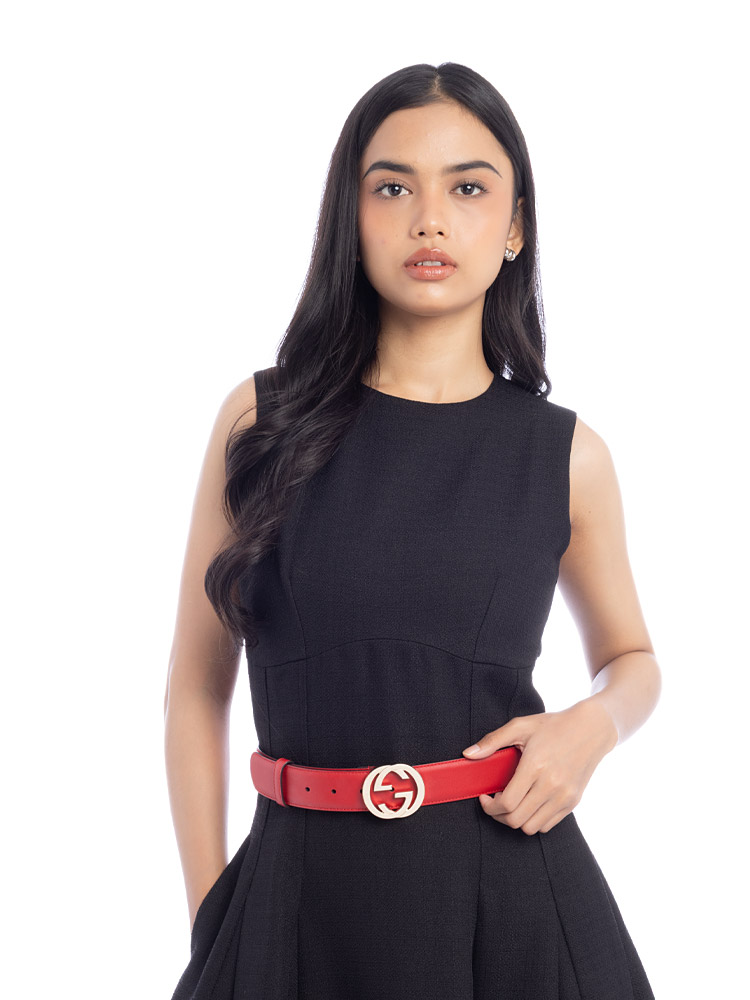 Calfskin Interlocking G Belt Hibiscus Red Sz 80