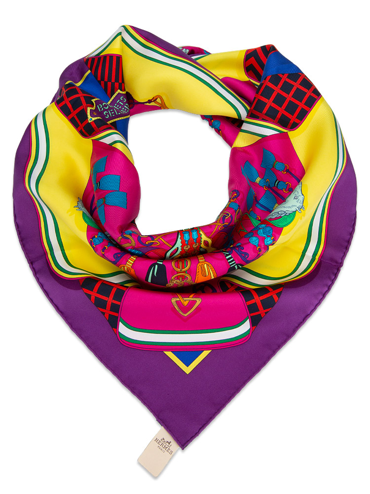Bouquets Sellier 90 Silk Scarf Violet Jaune Vif Fuchsia