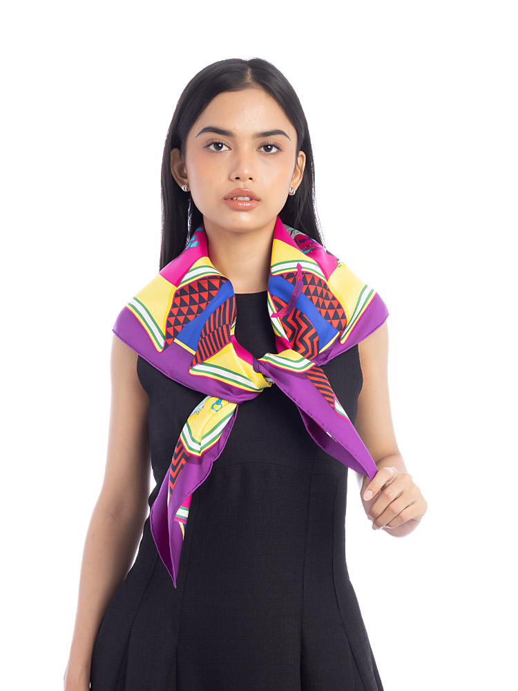 Bouquets Sellier 90 Silk Scarf Violet Jaune Vif Fuchsia