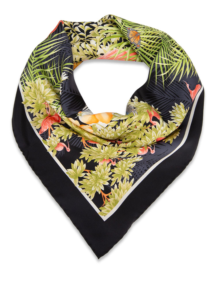 Flamingo Floral 90 Silk Scarf Black Multicolor