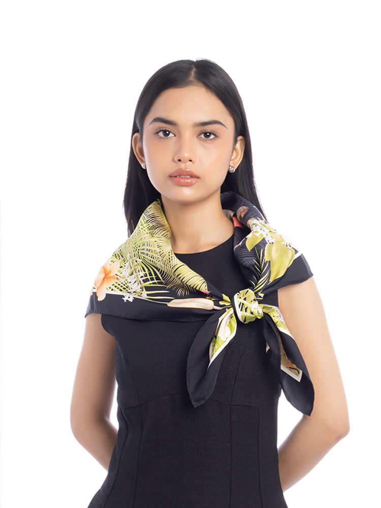 Flamingo Floral 90 Silk Scarf Black Multicolor