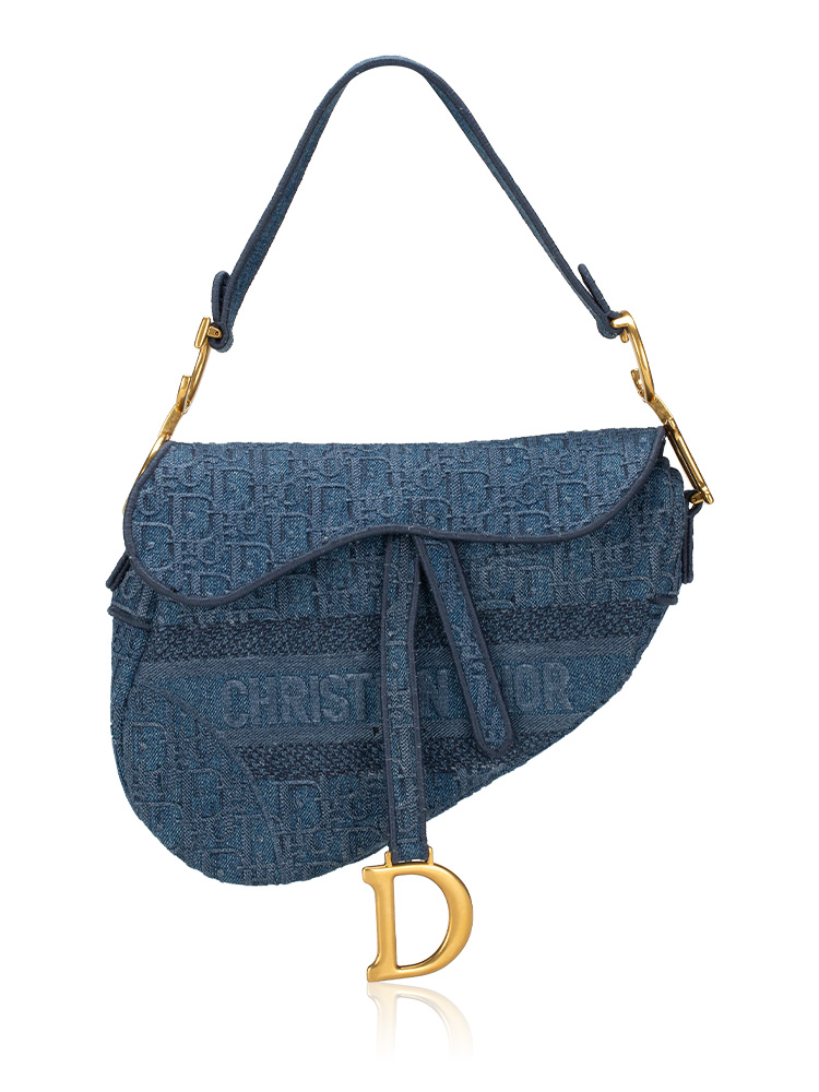 Denim Embroidered Oblique Saddle Bag Blue