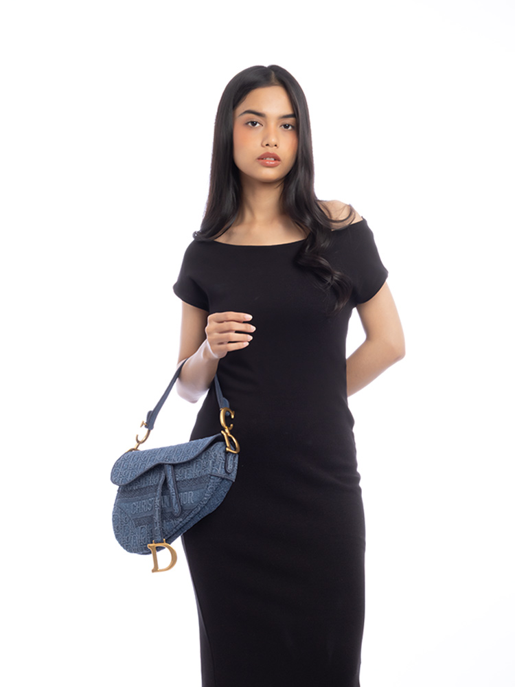 Denim Embroidered Oblique Saddle Bag Blue