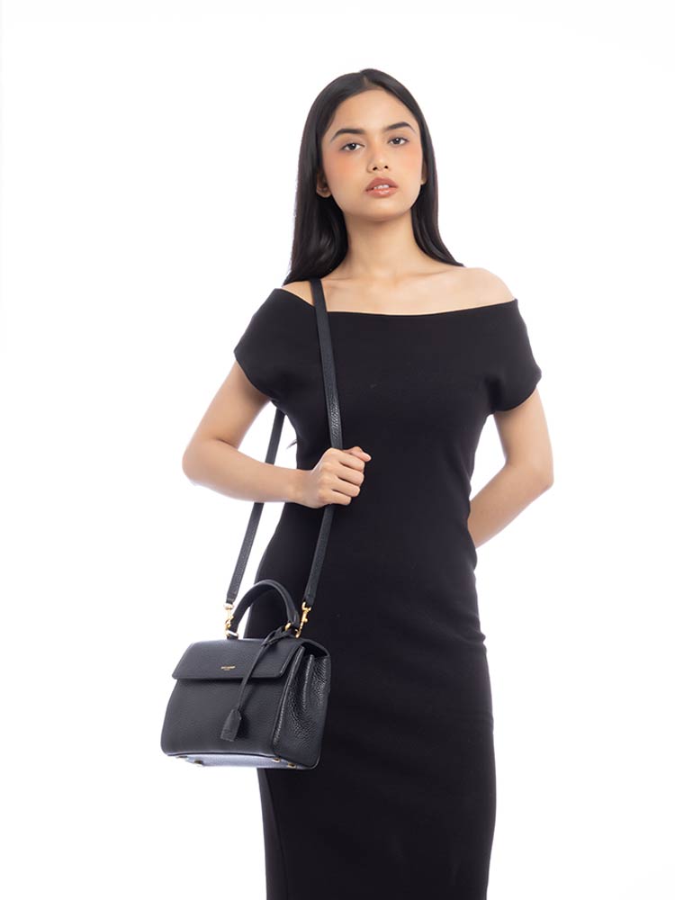 Grained Calfskin Moujik Small Top Handle Bag Black