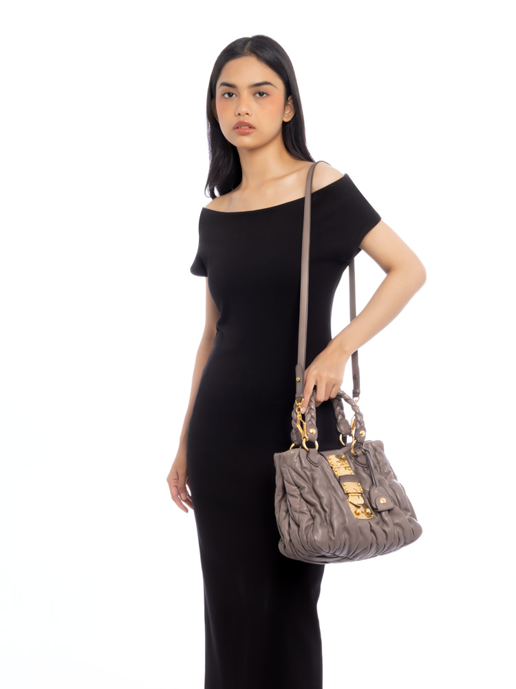 Nappa Matelasse Coffer Top Handle Bag Taupe