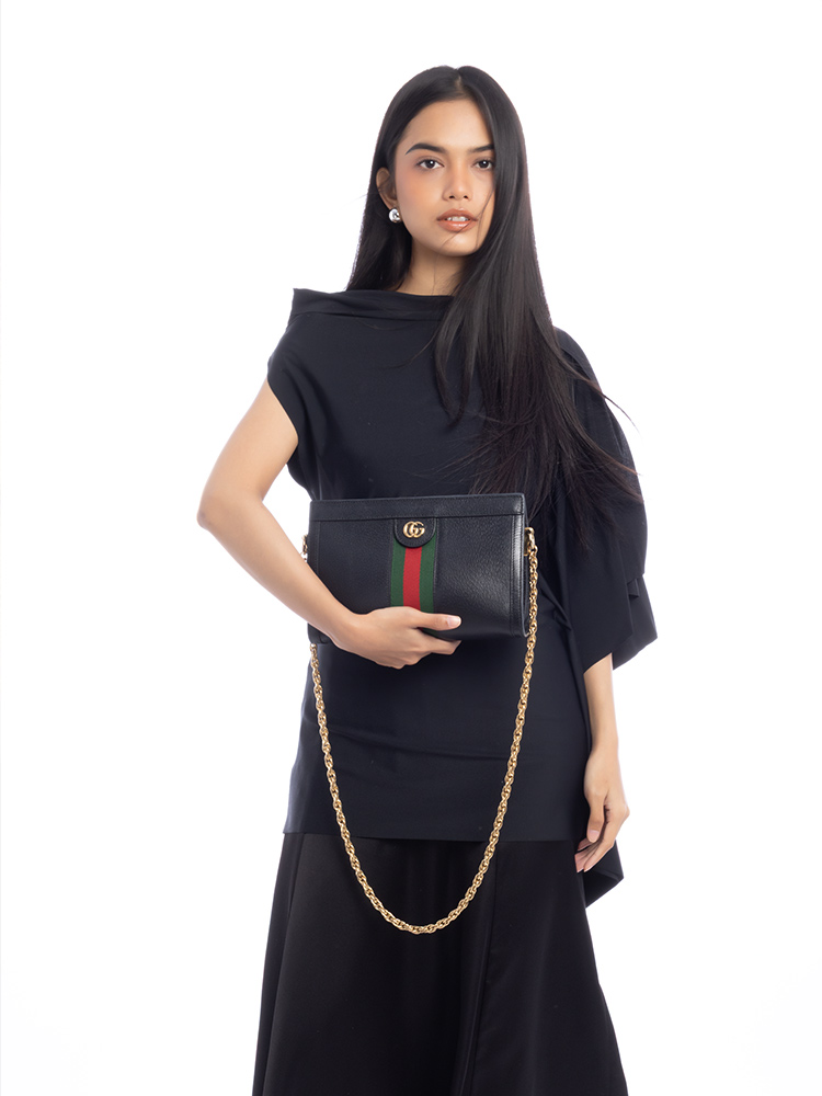 Calfskin GG Web Ophidia Small Chain Shoulder Bag Black