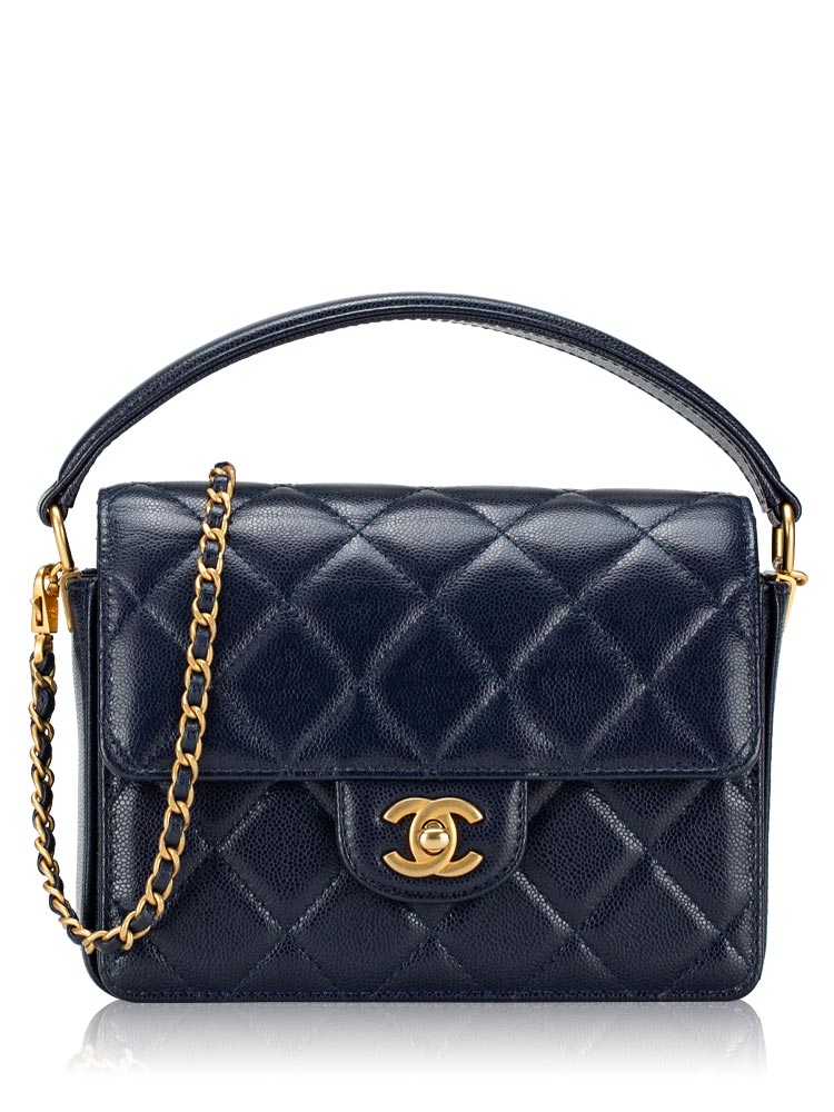 Shiny Caviar Small Top Handle Flap Bag Navy