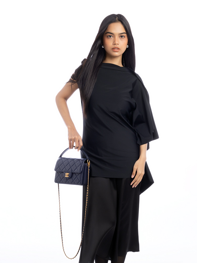 Shiny Caviar Small Top Handle Flap Bag Navy