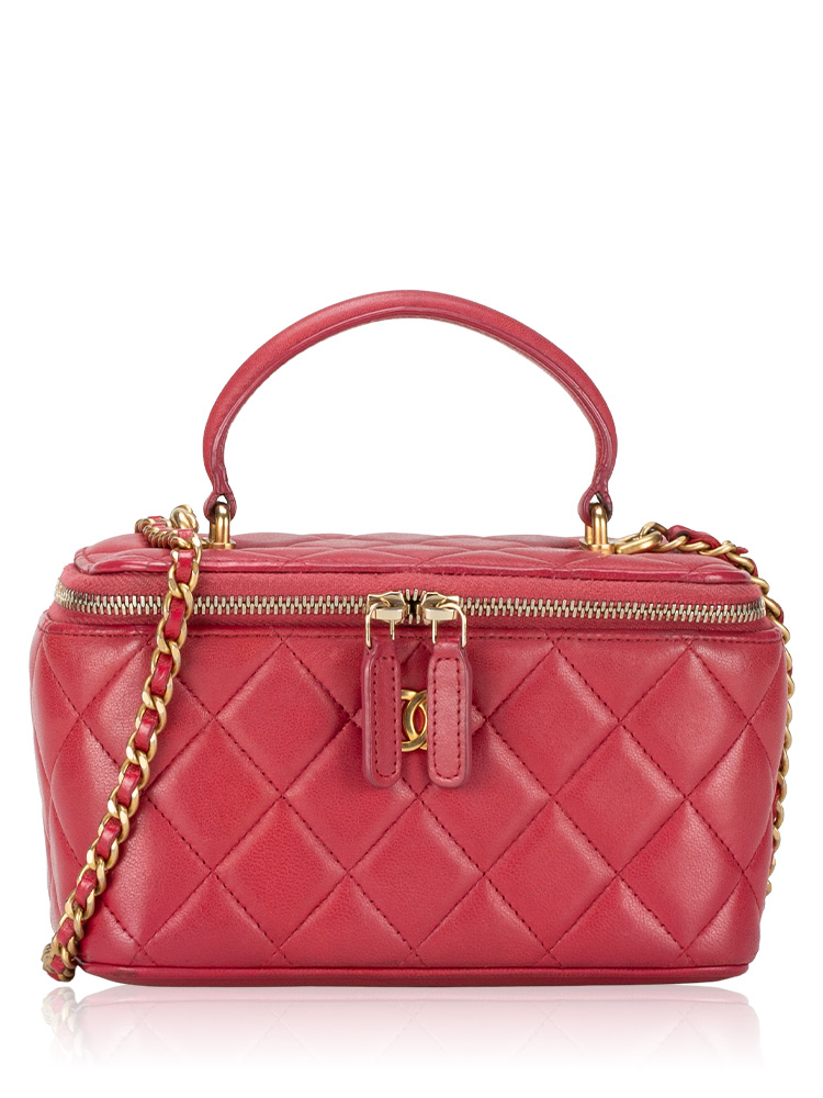 Lambskin Small Top Handle Vanity Case With Chain Dark Pink