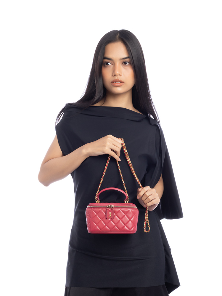 Lambskin Small Top Handle Vanity Case With Chain Dark Pink