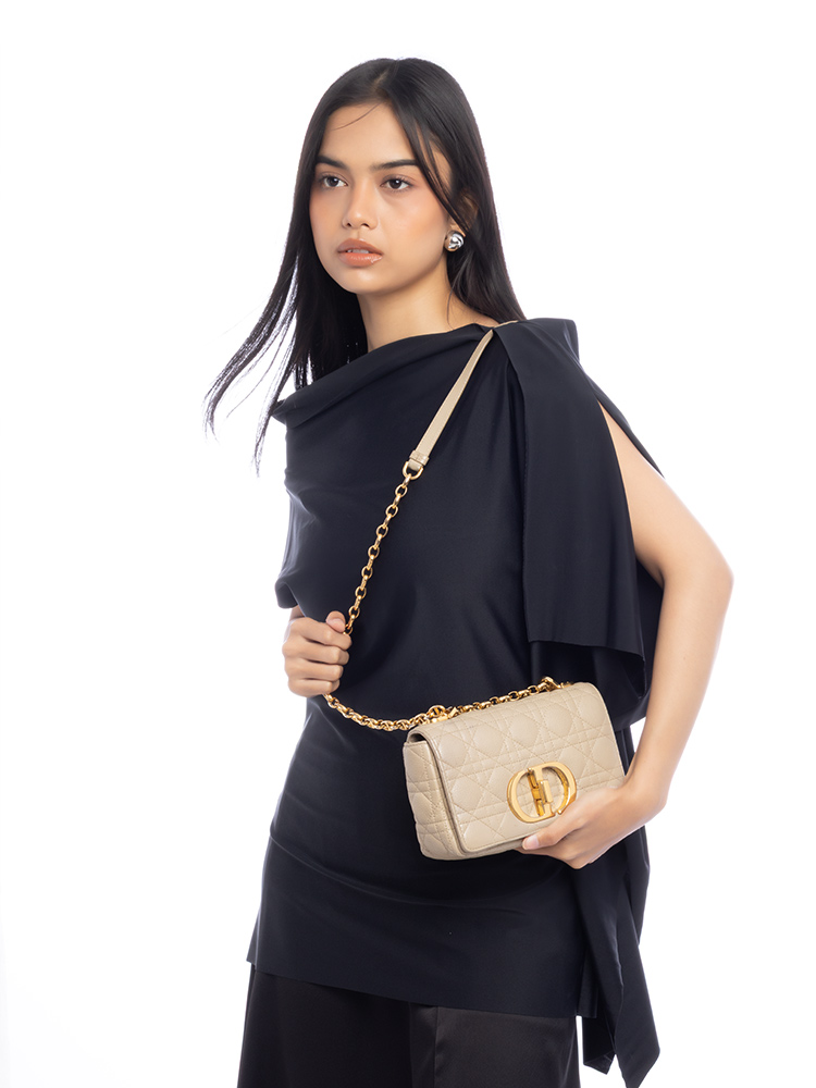 Calfskin Cannage Small Caro Bag Beige