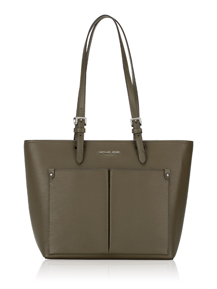 Jet Set Leather Medium Double Pocket Tote Olive