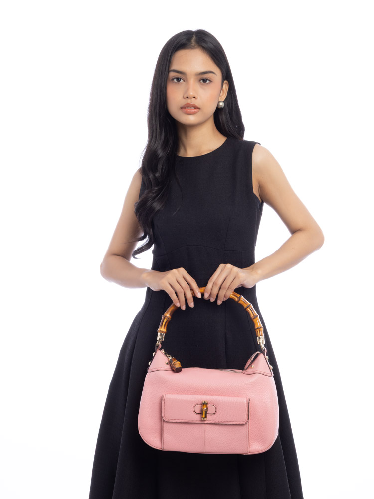 Calfskin Bamboo Top Handle Bag Pink