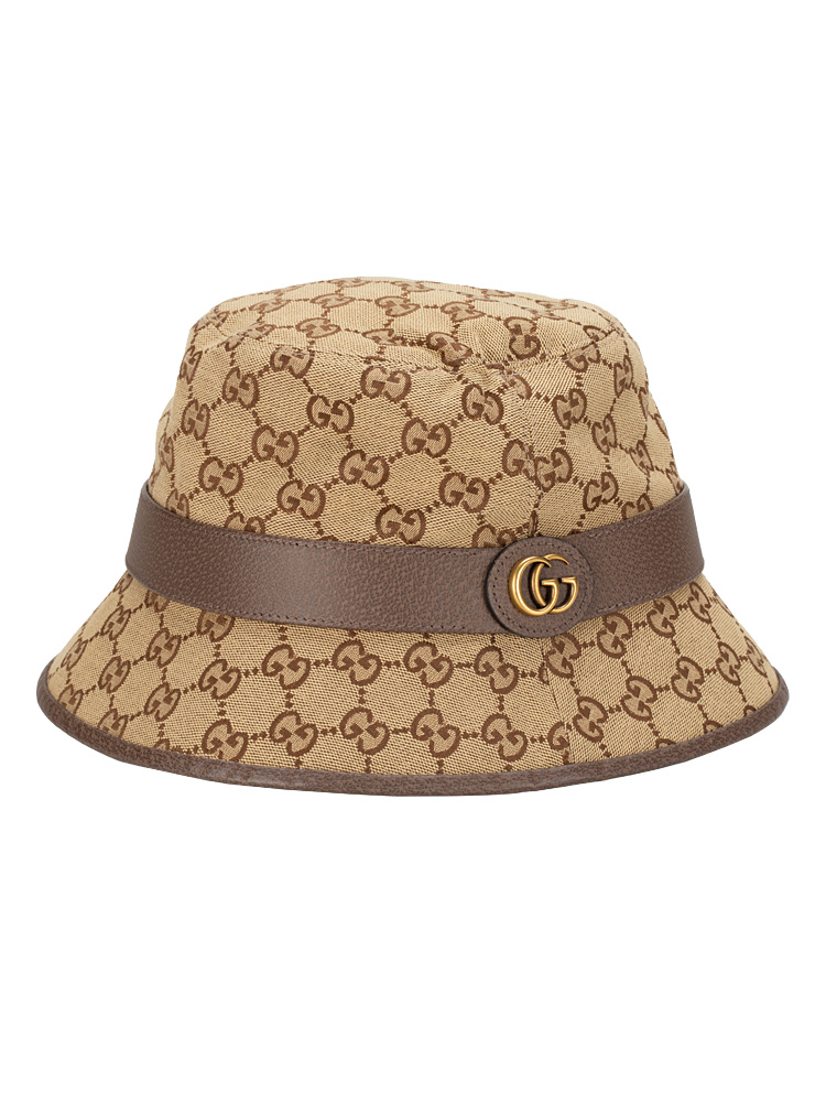 GG Canvas Calfskin Jago Bucket Hat Beige Brown Sz L