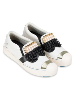 Calfskin Studded Karlito Slip On Sneaker White Sz 36