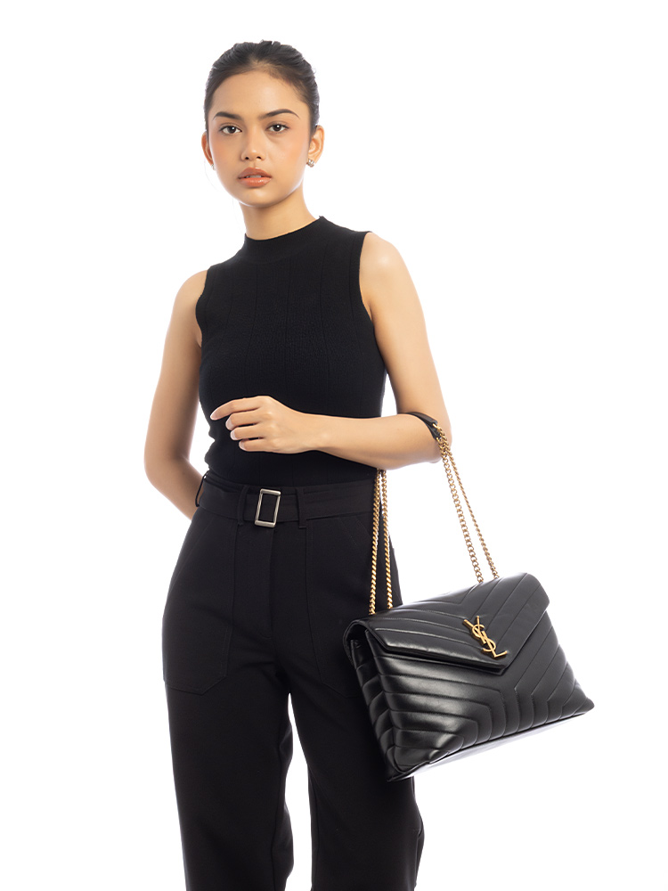 Calfskin Y Quilted Monogram Loulou Medium Shoulder Bag Black