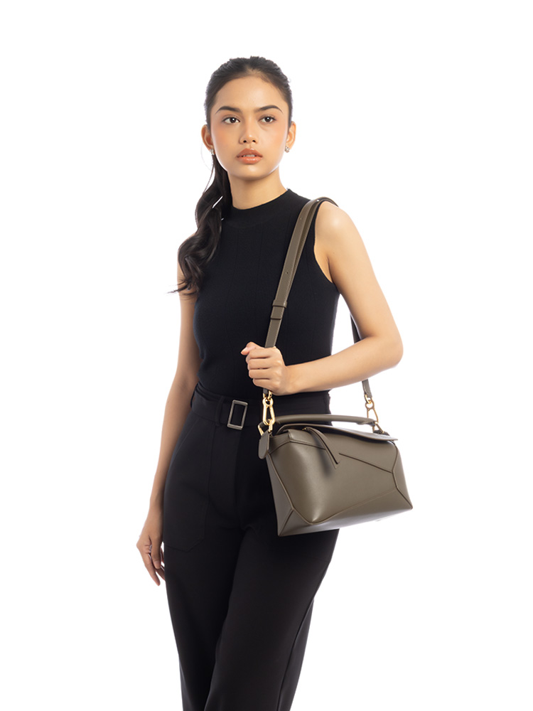 Calfskin Small Puzzle Edge Bag Dark Khaki