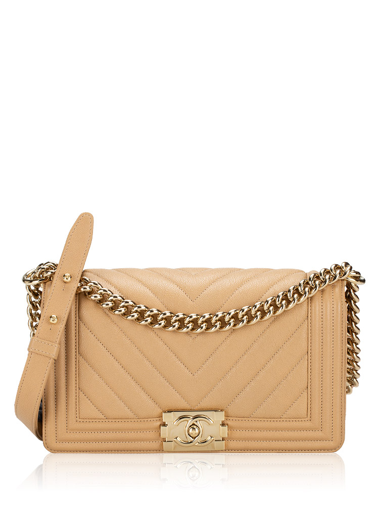 Caviar Chevron Medium Boy Flap Bag Beige