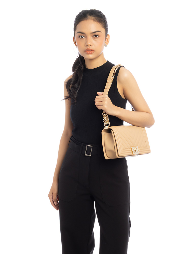 Caviar Chevron Medium Boy Flap Bag Beige