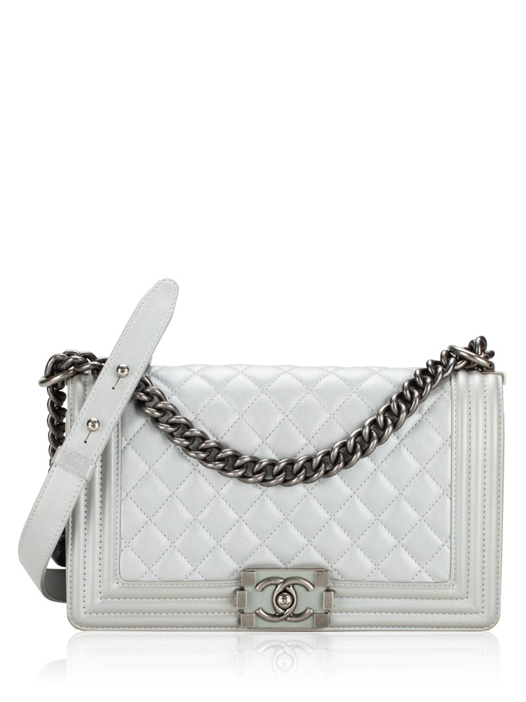 Metallic Lambskin Medium Boy Flap Bag Silver